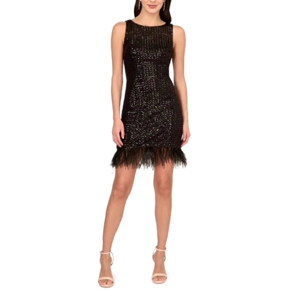 Adrianna Papell Black Sequin Feather Hem Mini Dress